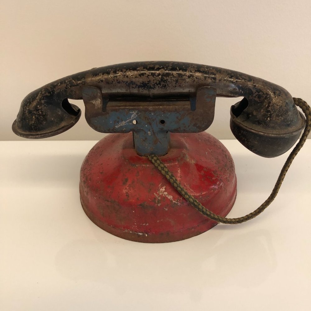 Antique Vintage Red Toy Metal Phone with Cord - Picture 2 of 5